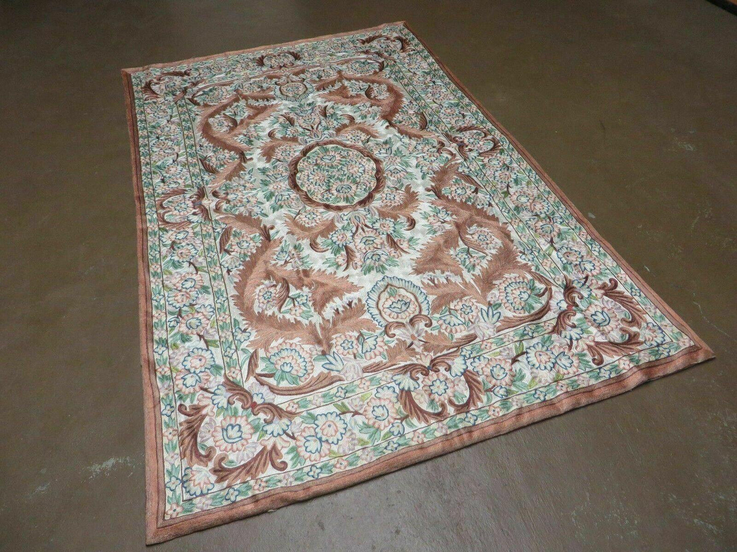 Vintage Hand Stitched Silk On Cotton Rug From India Floral Pattern 46 By 72 Inches