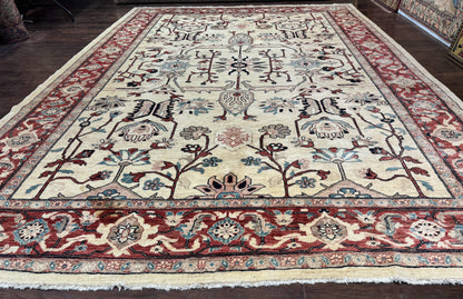 Peshawar Rug 10x14 Beige And Rust Red Hand Knotted Wool Pakistani Rug