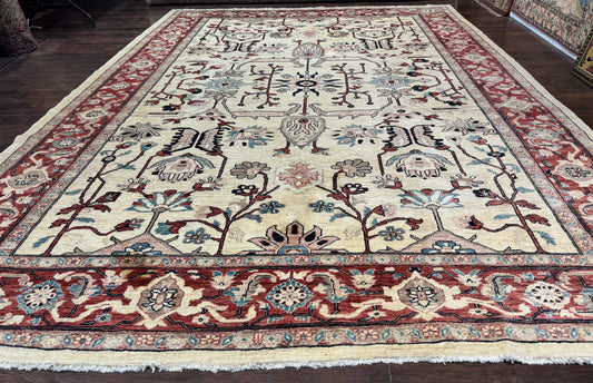 Peshawar Rug 10x14 Beige And Rust Red Hand Knotted Wool Pakistani Rug
