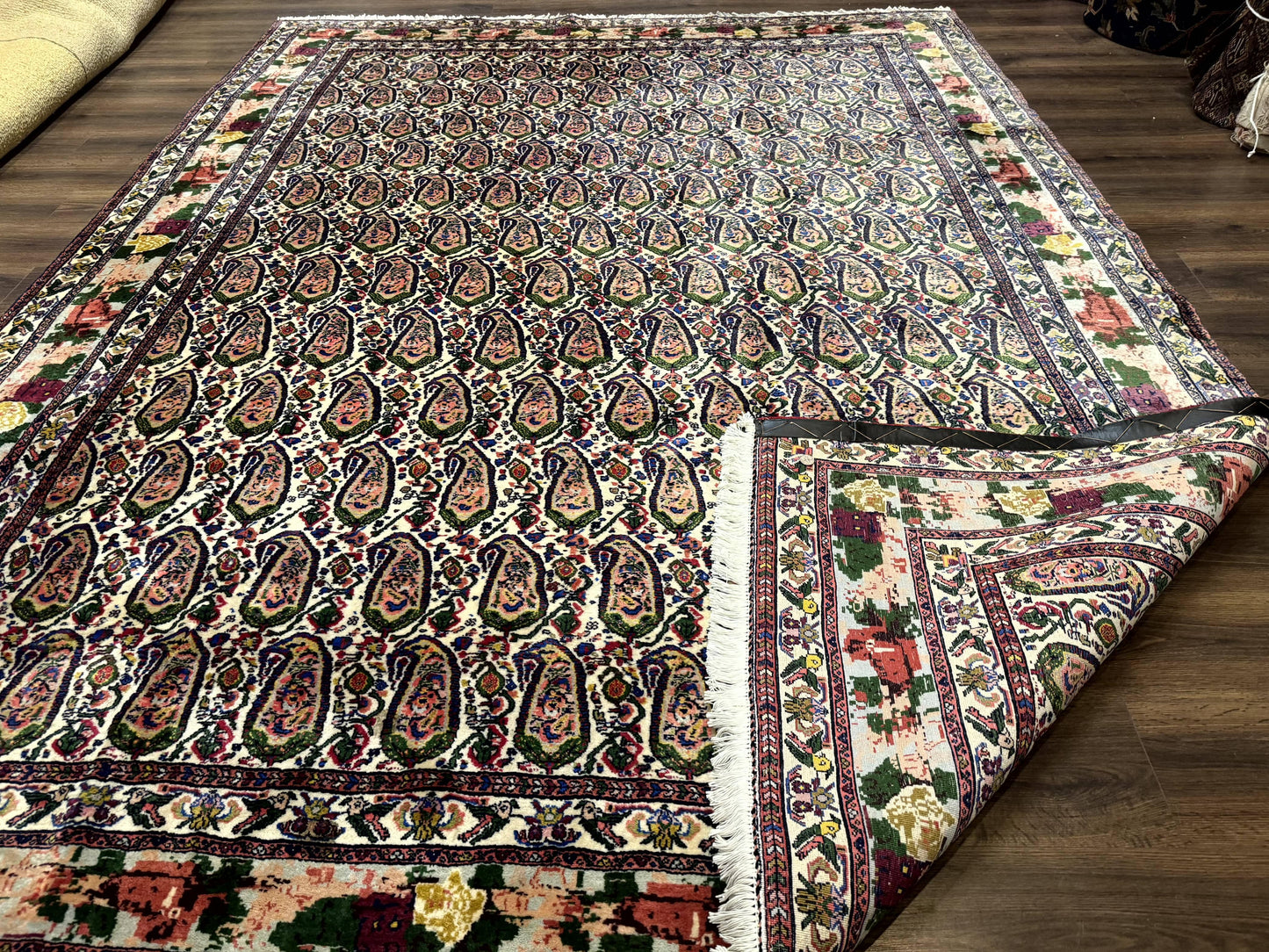 Persian Rug 8x11, Boteh Design, Repeated Paisleys, Persian Kurdish Rug, Bird Pictorials, Rare Antique Persian Kurdish Sannadaji Carpet