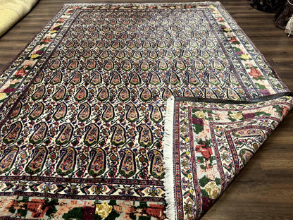 Persian Rug 8x11, Boteh Design, Repeated Paisleys, Persian Kurdish Rug, Bird Pictorials, Rare Antique Persian Kurdish Sannadaji Carpet