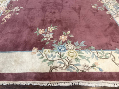 Indo Chinese Art Deco Rug 9x12, Pink and Ivory, Open Filed, Floral, Wool