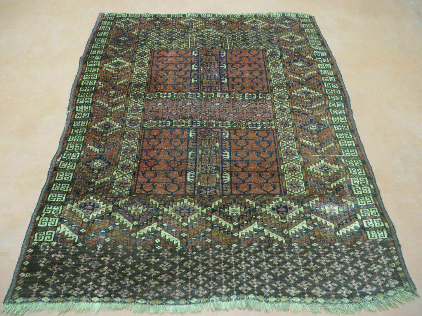 Turkoman Ensi Wool Rug Antique 4x5 Handwoven Nomadic Textile Art
