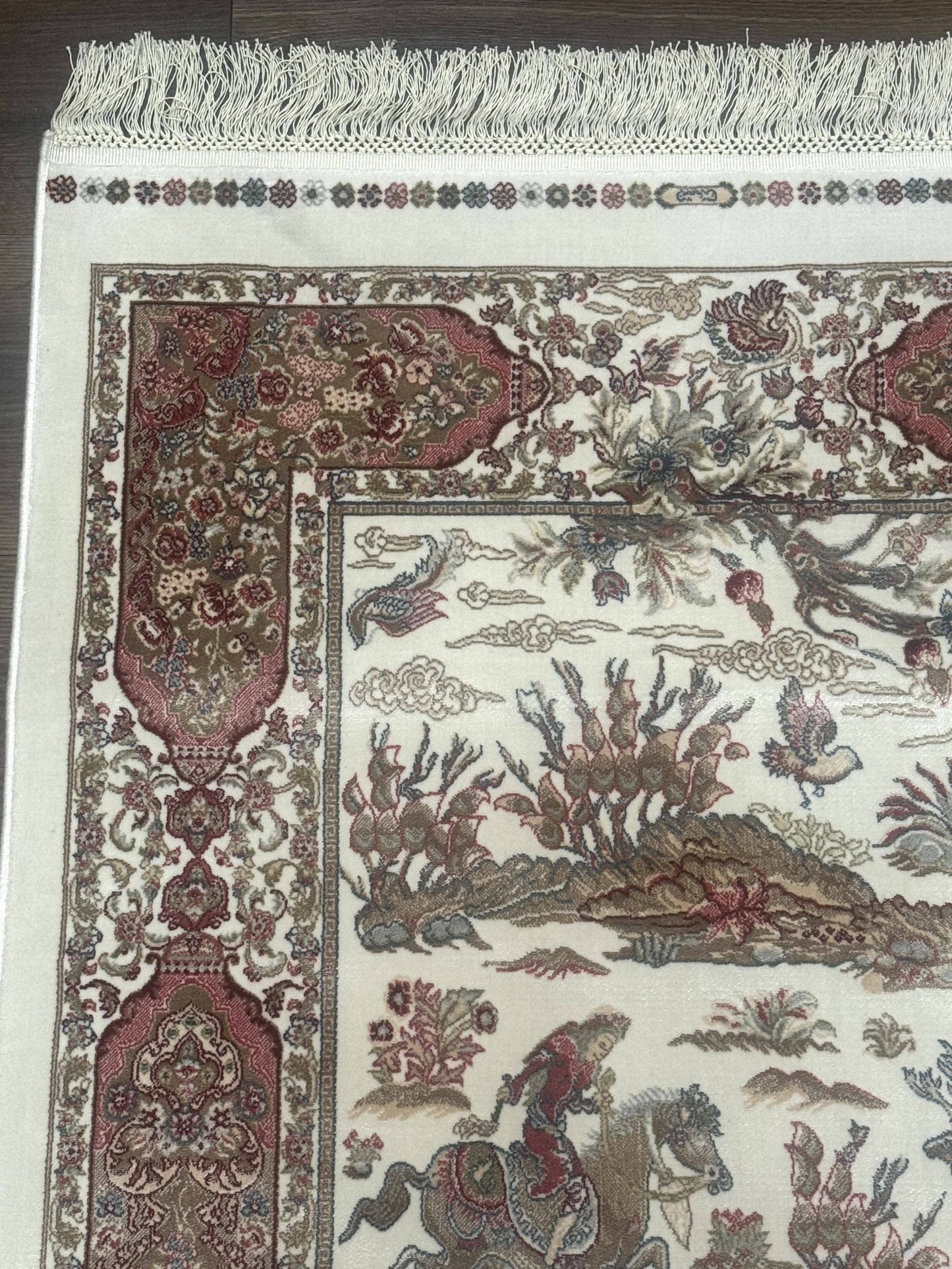 Turkish Silk Runner Rug 2.6 x 8, Hunting Design, Ivory, Bamboo Silk, New