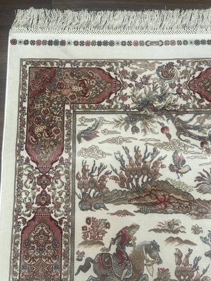 Turkish Silk Runner Rug 2.6 x 8, Hunting Design, Ivory, Bamboo Silk, New