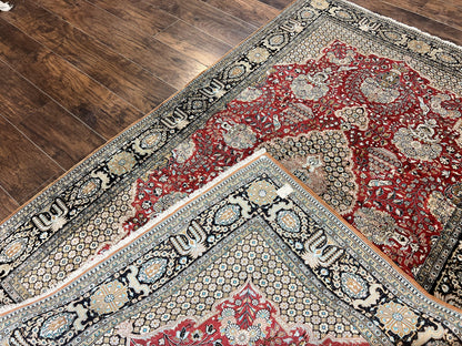 Persian Silk Rug 5x7 Hand Knotted Vintage Qum Carpet With Birds Floral Vases Red