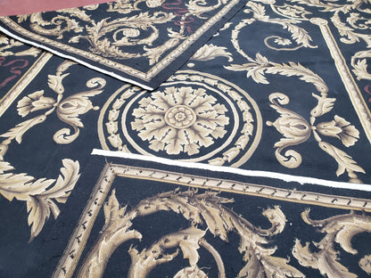 Black and Tan Aubusson Rug, 10 x 14 Aubusson Carpet, New Aubusson Rug, Elegant, Wool, Handmade Area Rug, Flatweave Rug, Large Aubusson Rug