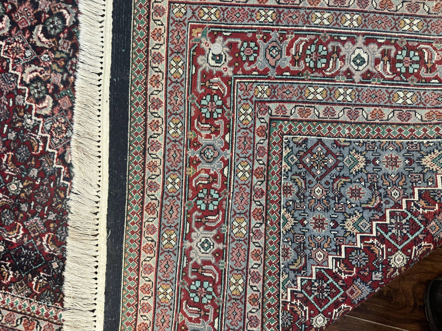 Indo Persian Bidjar Rug 8x11, Herati Mahi Pattern, Red Navy Blue, Handmade Vintage Wool Carpet