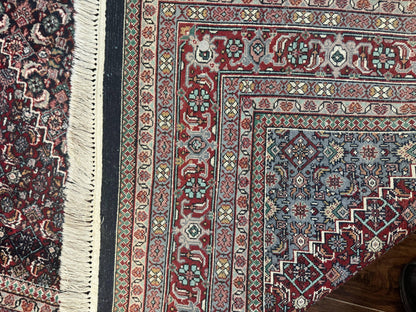 Indo Persian Bidjar Rug 8x11, Herati Mahi Pattern, Red Navy Blue, Handmade Vintage Wool Carpet