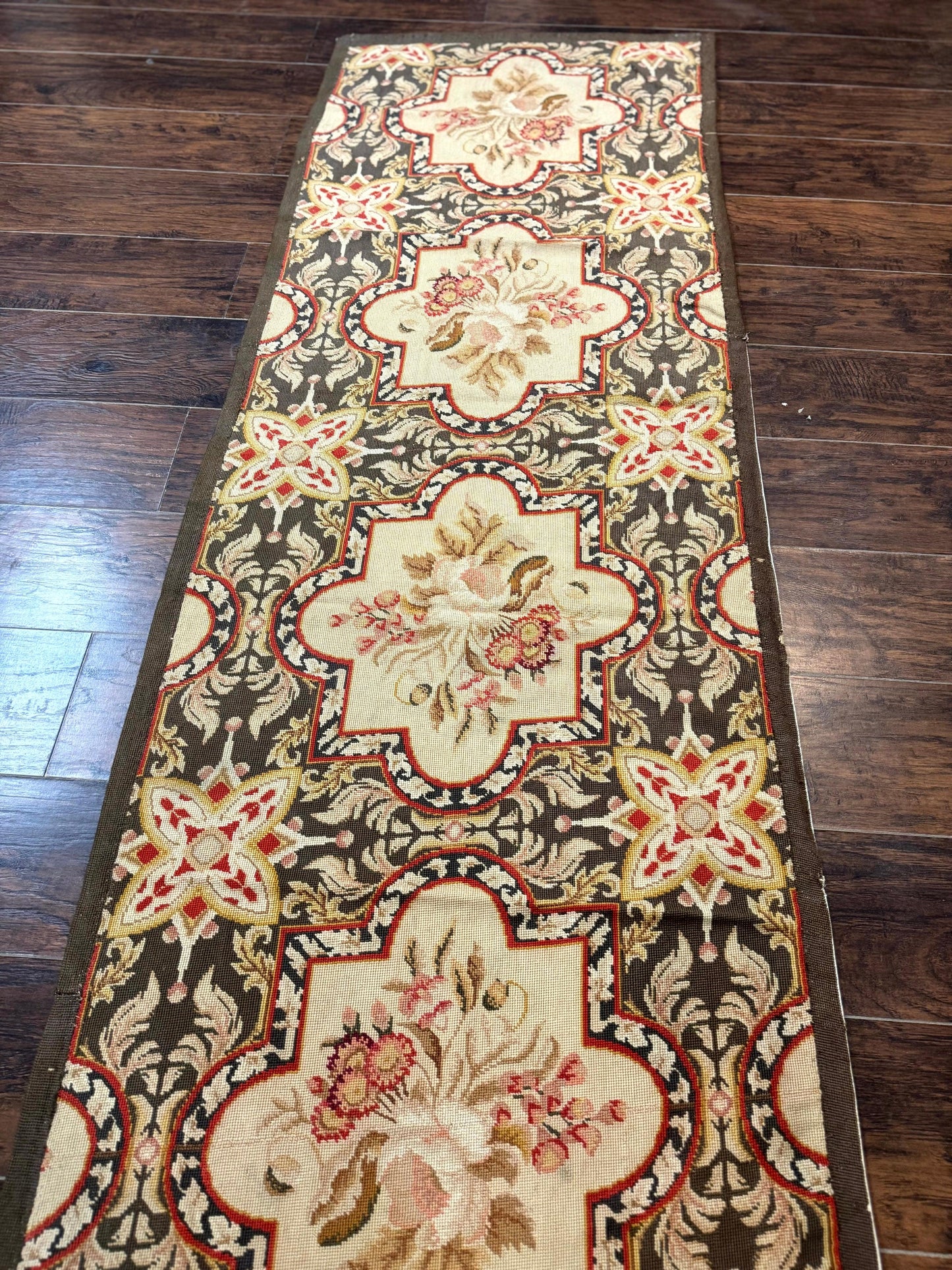 Needlepoint Runner Rug 2.7 x 9.7, European French Design, Wool, Handmade, Vintage