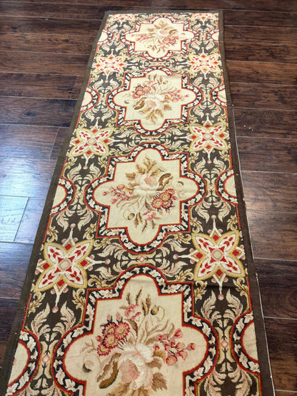 Needlepoint Runner Rug 2.7 x 9.7, European French Design, Wool, Handmade, Vintage