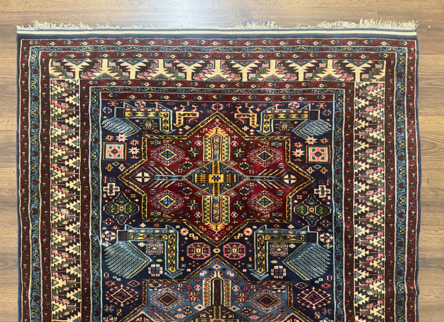 Indian Rug with Caucasian Design, 4x6 Geometric Carpet, Navy Blue and Cream