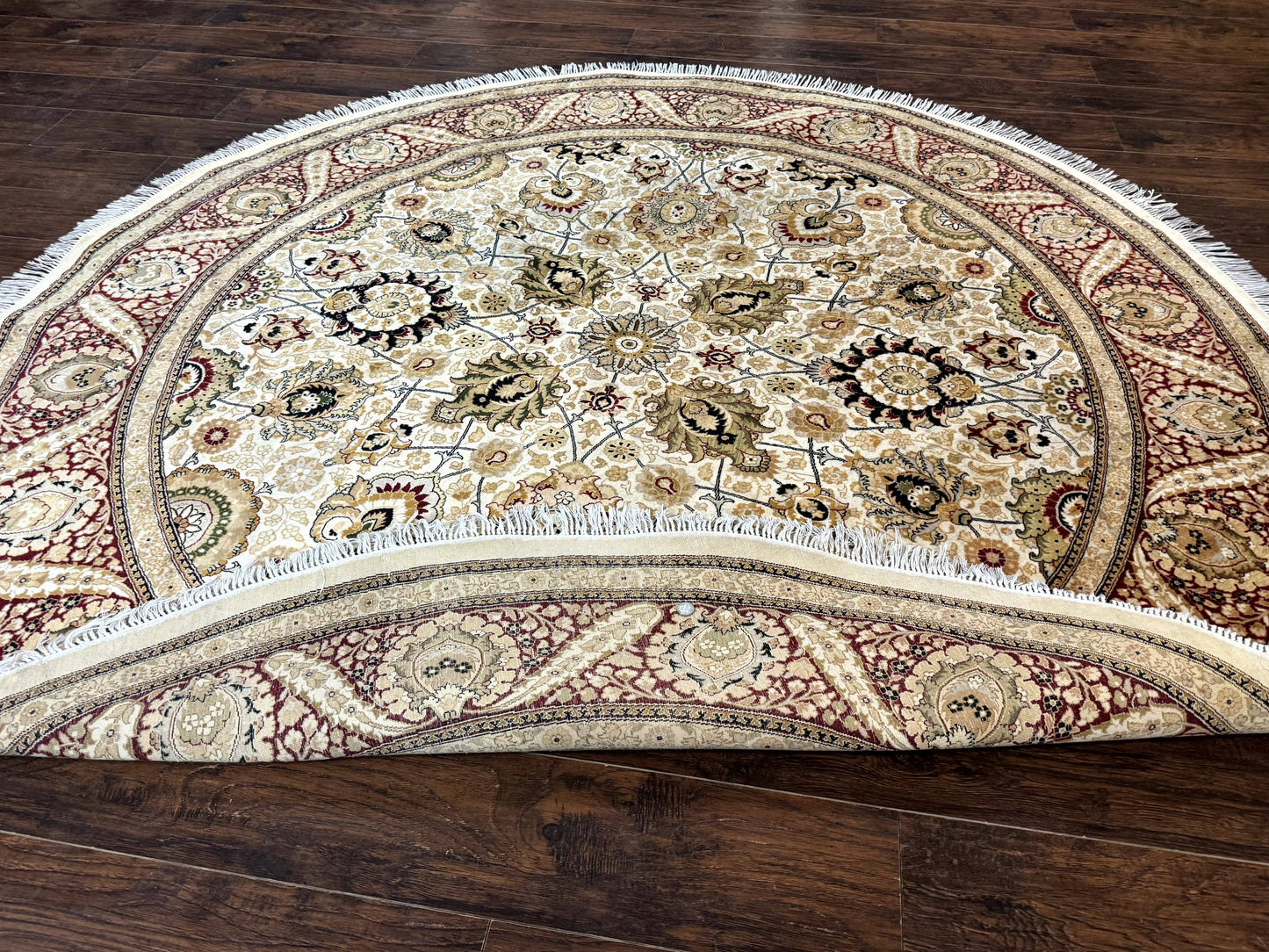 Round Pak Persian Rug 8x8, Vintage Handmade Wool Traditional Carpet, Beige Dark Red, Fine 270 KPSI