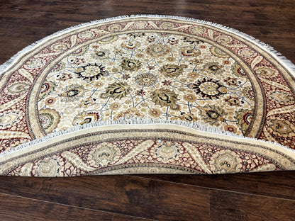 Round Pak Persian Rug 8x8, Vintage Handmade Wool Traditional Carpet, Beige Dark Red, Fine 270 KPSI