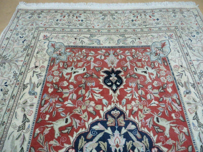 Vintage Indian Wool Rug Hunting Birds And Deer Oriental Floral Design 6 By 9
