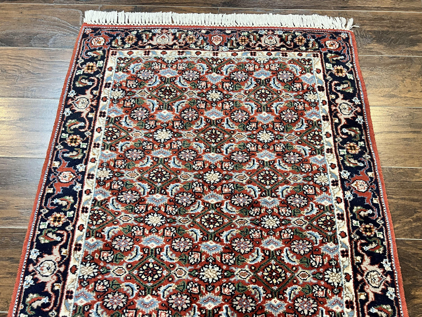 Indo Persian Rug 3x5, Red and Navy Blue, Wool Vintage Handmade Small Carpet 3 x 5 ft, Herati Pattern, Bidjar Rug