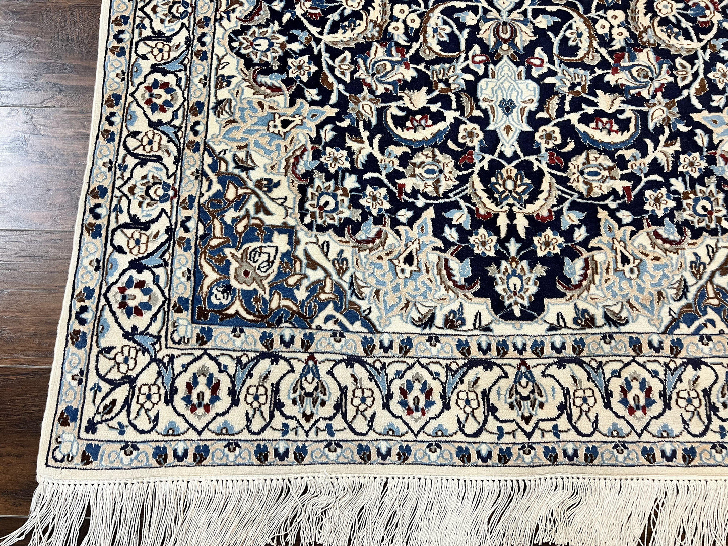 Persian Nain Rug 4x6, Floral, Hand Knotted Vintage Wool & Silk Highlights, Signature from Masterweaver, Navy Blue and Ivory