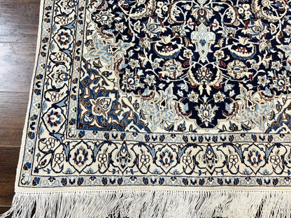 Persian Nain Rug 4x6, Floral, Hand Knotted Vintage Wool & Silk Highlights, Signature from Masterweaver, Navy Blue and Ivory
