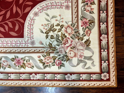 Aubusson Rug Handmade Vintage Needlepoint Carpet 9x12 Red Ivory Wool Elegant European Design