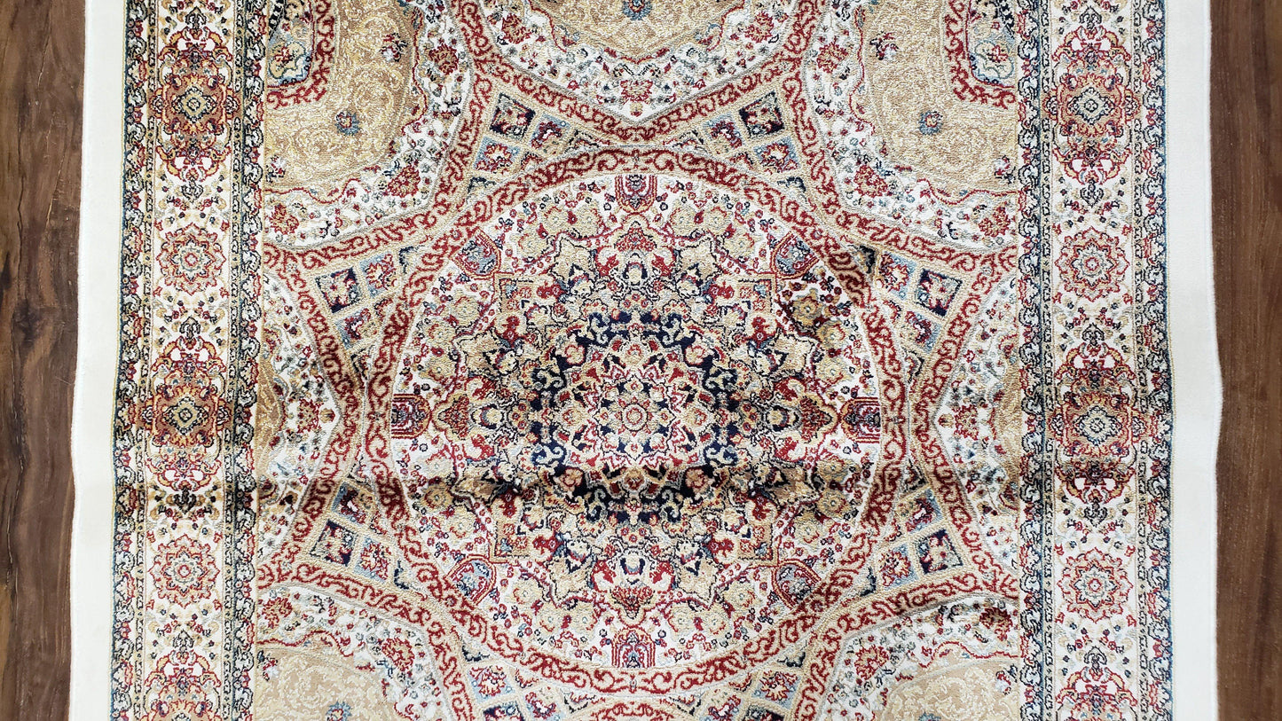 Persian Design Silk Accent Rug, Dome Medallion, Allover Pattern Oriental Carpet, Small Silk Rug, Cream, Ivory, Bamboo Silk, 2' 8" x 4' 1"