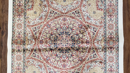 Persian Design Silk Accent Rug, Dome Medallion, Allover Pattern Oriental Carpet, Small Silk Rug, Cream, Ivory, Bamboo Silk, 2' 8" x 4' 1"