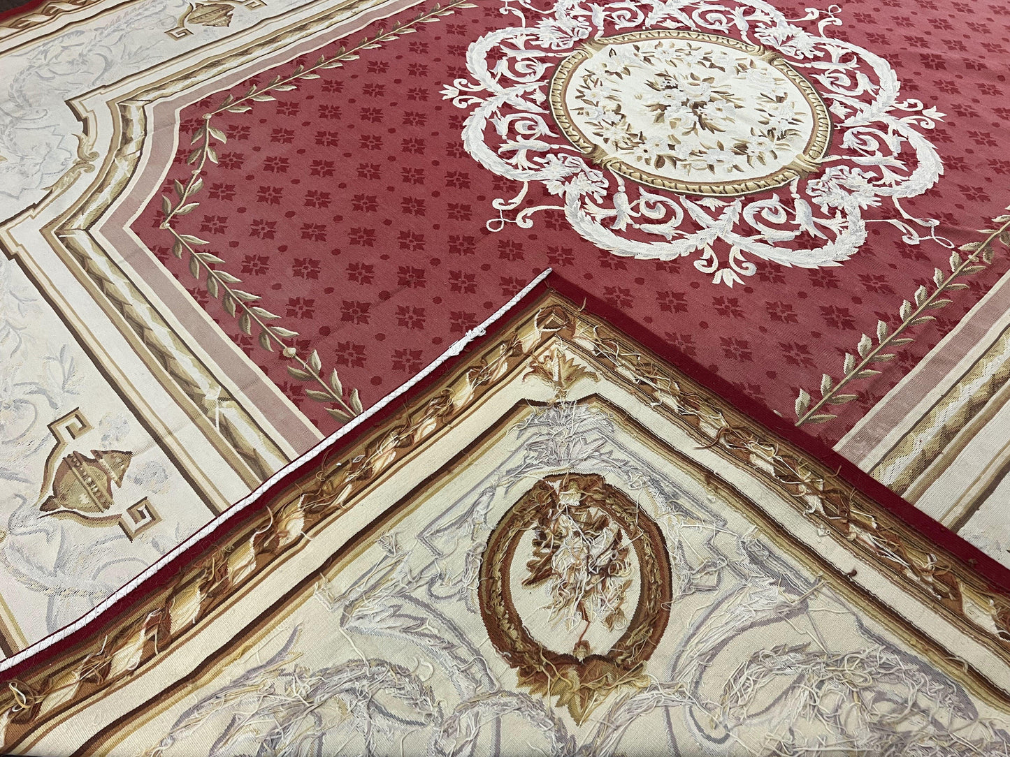 Elegant Aubusson Rug 9x12 Handmade Wool Carpet Red Ivory Vintage French Design