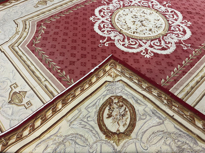 Elegant Aubusson Rug 9x12 Handmade Wool Carpet Red Ivory Vintage French Design