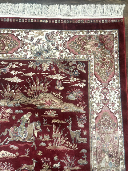 Turkish Silk Rug 3x5 Hunting Design Dark Red Ivory Bamboo Silk Area Rug