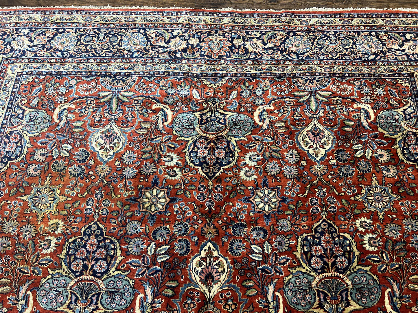 Persian Sarouk Rug 9x12 Handmade Wool Qazvin Antique Carpet Red And Dark Blue Floral Allover
