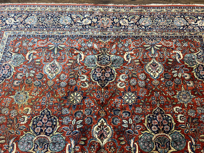 Persian Sarouk Rug 9x12 Handmade Wool Qazvin Antique Carpet Red And Dark Blue Floral Allover