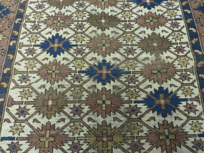 Antique Caucasian Shirvan Kazak Wool Rug Snowflake Design 4x5 Feet