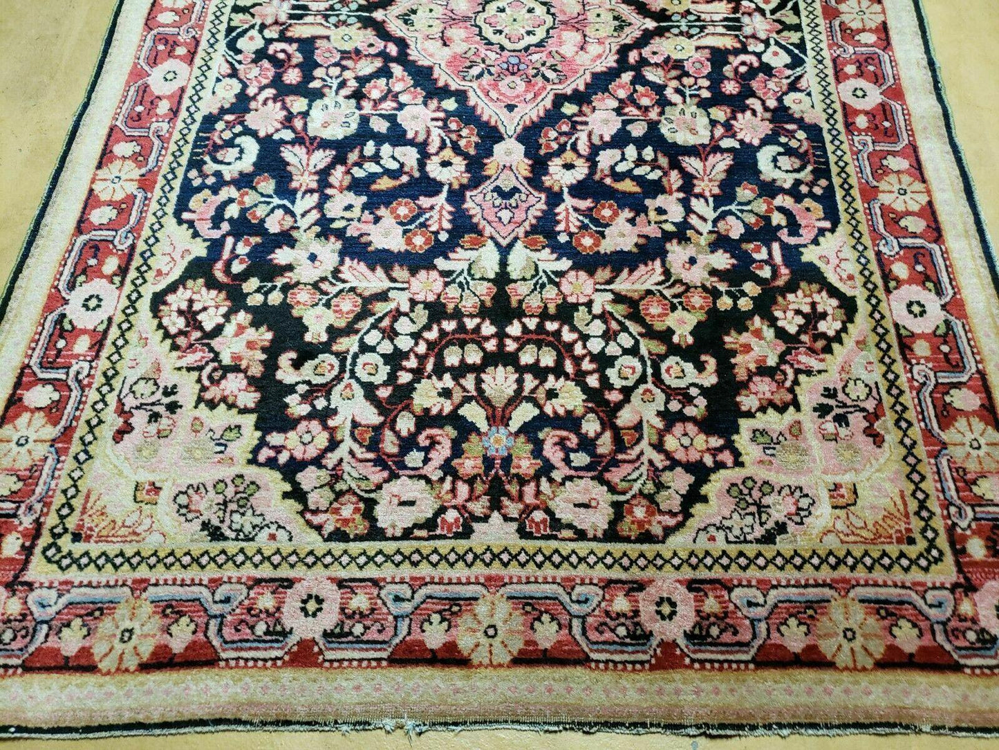 Antique Handmade India Floral Oriental Wool Rug 4x6 Full Pile Blue