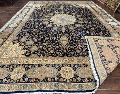 Persian Kerman Rug 10x14 Navy Blue Beige Floral Medallion Traditional Carpet Signed by Masterweaver