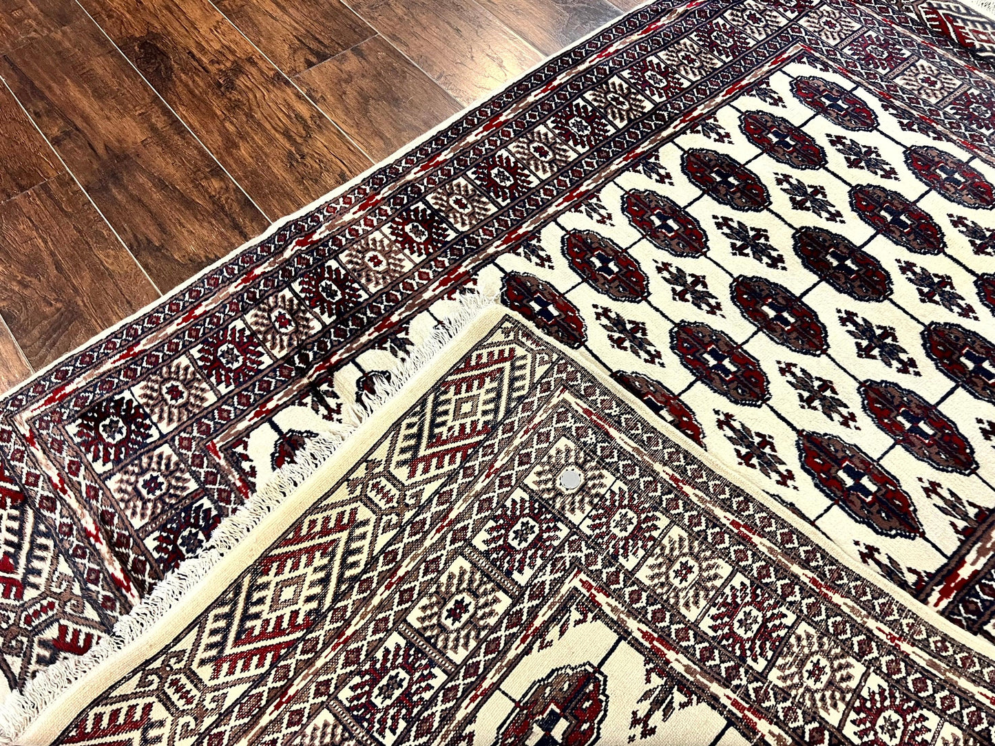 Pakistani Bokhara Rug 4x6 Vintage Handmade Wool Carpet Ivory Turkoman Style