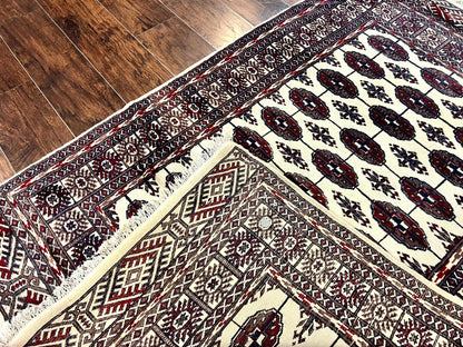 Pakistani Bokhara Rug 4x6 Vintage Handmade Wool Carpet Ivory Turkoman Style