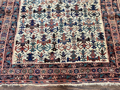 Persian Afshar Rug 5x6, Allover Repeated Motif, Wool Tribal Carpet, Handmade Semi Antique Rug