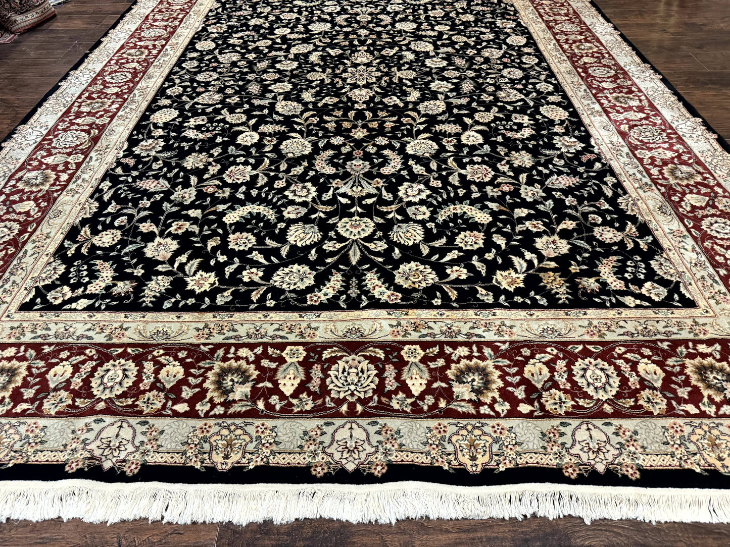 Sino Persian Rug 9x12 Hand Knotted Wool Silk Highlights Allover Floral Black And Dark Red