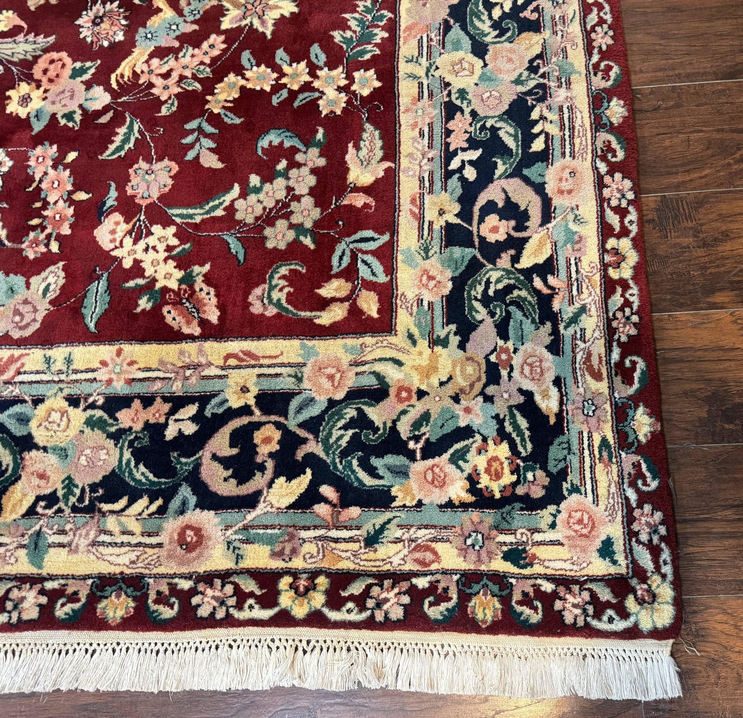 Indo Persian Rug 8x10 Handmade Wool With Floral Bird Pictorials In Maroon And Navy