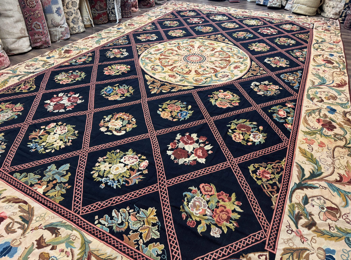 Palace Size Needlepoint Rug 12x20, European French English Aubusson Floral Design, Black and Beige