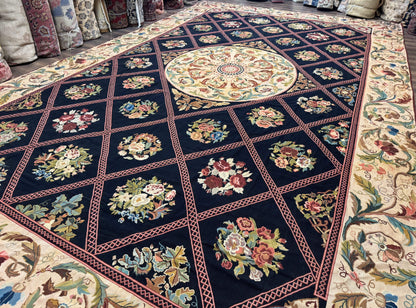 Palace Size Needlepoint Rug 12x20, European French English Aubusson Floral Design, Black and Beige