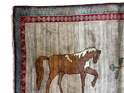 Handmade Wool Rug 4x6 Vintage Zagros Horses Pictorial Area Rug