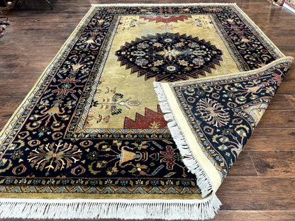 Indo Persian Heriz Rug 8x12 Hand Knotted Wool Decorative Vintage Area Rug Camel Hair Tan And Navy Blue