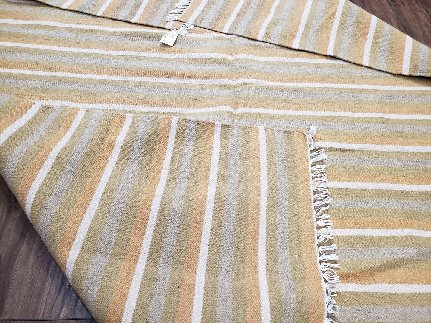 New Indian Kilim Area Rug, 6x8 - 7x8 South American Style Blanket, Striped Indian Wool Hand-Woven Flat Weave 6x9 Bedroom Rug, Ivory Ochre