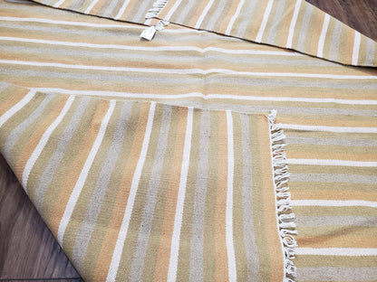 New Indian Kilim Area Rug, 6x8 - 7x8 South American Style Blanket, Striped Indian Wool Hand-Woven Flat Weave 6x9 Bedroom Rug, Ivory Ochre