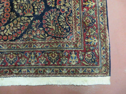 Antique Persian Sarouk Rug 4x6 Hand Knotted Wool Floral Oriental Carpet Navy And Red