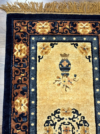 Silk Chinese Rug 2x4 Hand Knotted Peking Carpet In Golden Beige And Blue