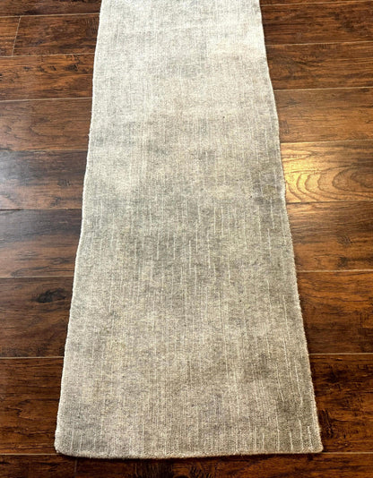 Tibetan Runner Rug Modern Wool And Silk Highlights Gray Silver Hallway Kitchen Narrow Runner