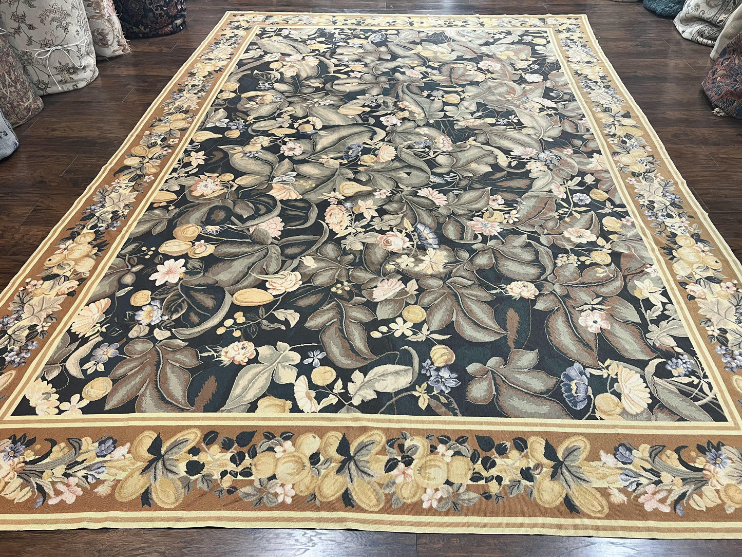 Large Needlepoint Rug 9x13, Handmade Wool Flatweave Vintage Rug, Leaves, Green