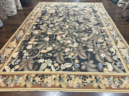 Large Needlepoint Rug 9x13, Handmade Wool Flatweave Vintage Rug, Leaves, Green