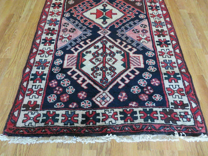Persian Runner Rug 3.5 x 10.7, Karajeh Heriz Rug, Navy Blue, Geometric Medallions